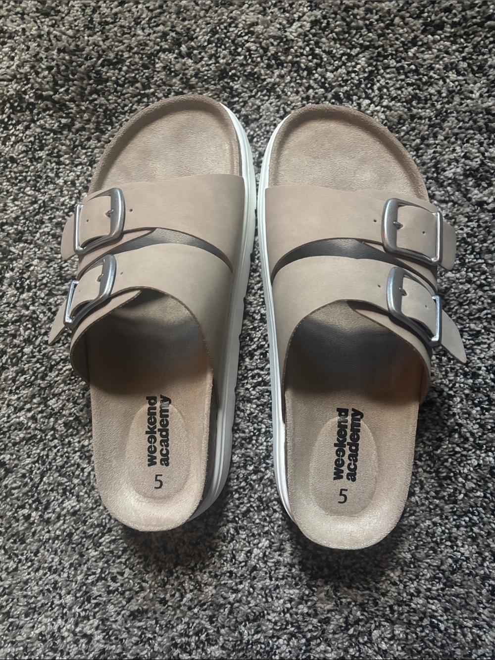 Women’s Taupe Double-Buckle Slide Sandals!  They fit like a 7.5.  Never worn!
